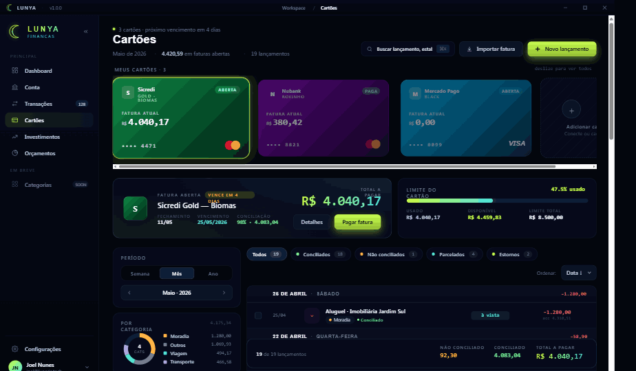 Tela desktop Lunya: cartões e faturas