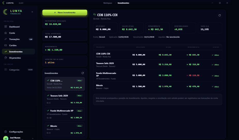Tela desktop Lunya: investimentos