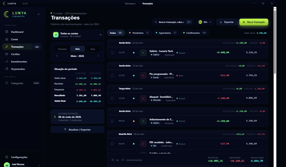Tela desktop Lunya: transações